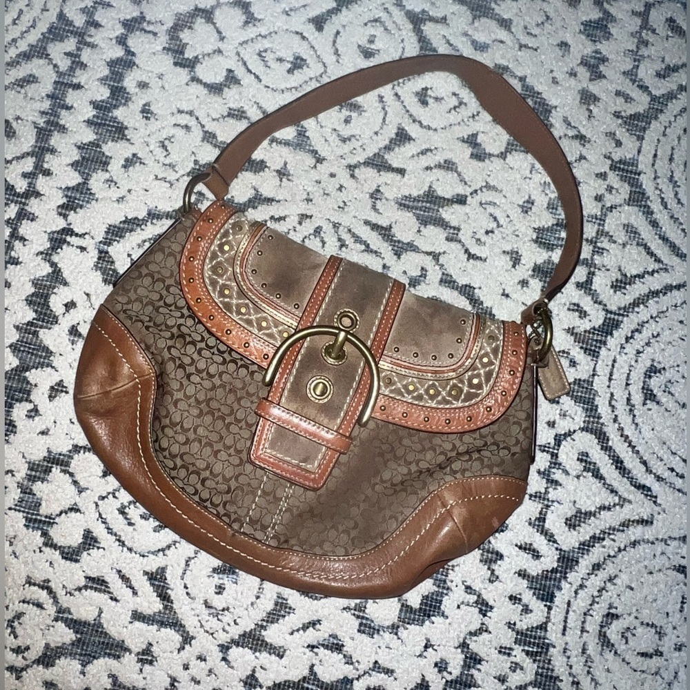 Coach Brown Leather Shoulder Bag with Woven Accents